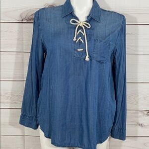 Beachlunchlounge Denim Blue Lace-Up Shirt Top Size Large